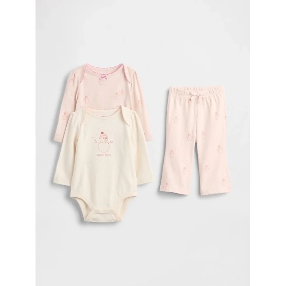 NEW Gap Baby Organic Cotton Snowman Bodysuit Pajama Set‎ Pink Winter Cozy 6-12M